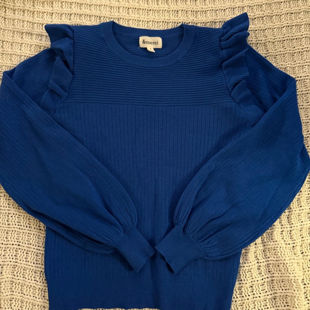 Royal blue sweater with ruffle on shoulder